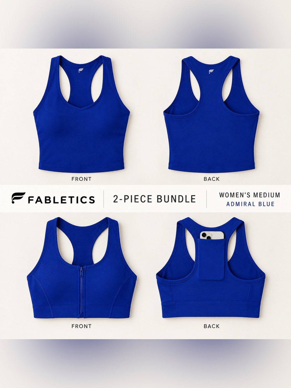 Fabletics Admiral Blue Racerback Zip-Front Sports Tank (2-Piece)